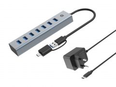 HUBBIES21GP 7-Port USB 3.0 Hub with Power Adapter, 2-in-1 USB A/C Cable, USB-A x 7