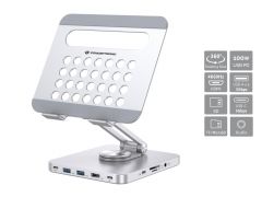 DONN26G Tablet Stand with 8-in-1 USB 3.2 Gen 1 Docking Station, 360° Rotating Base, Foldable, Adjustable Height