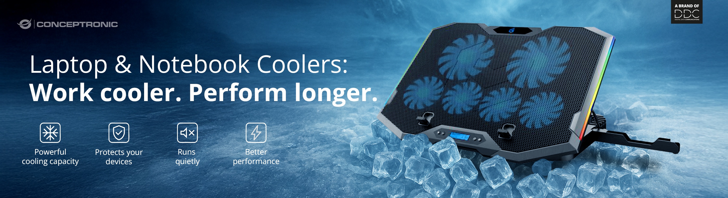 Laptop and notebook cooling pad – quiet, efficient, and USB-powered – available in the online store from Conceptronic